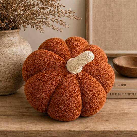 Busa Designs; Burnt Orange Sherpa Pumpkin Pillow with Sage Green Stem – 11", Jumbo Plush Fall Decor; Category:Pumpkin Decor; Image:1